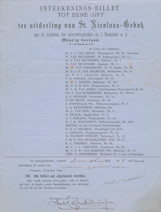 712256 ‘Inteekenings-billet tot eene Gift ter uitdeeling van St. Nicolaas-Gebak aan de kinderen der minvermogenden op 5 ...